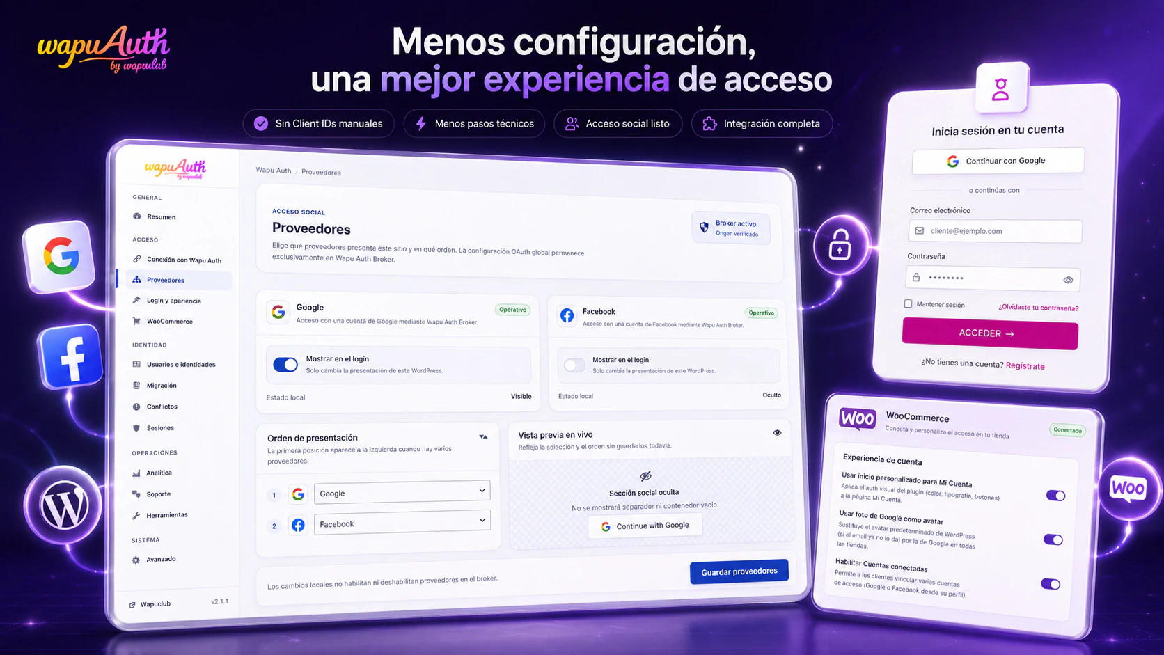Wapu Auth en WordPress con proveedores sociales, formulario de acceso y WooCommerce